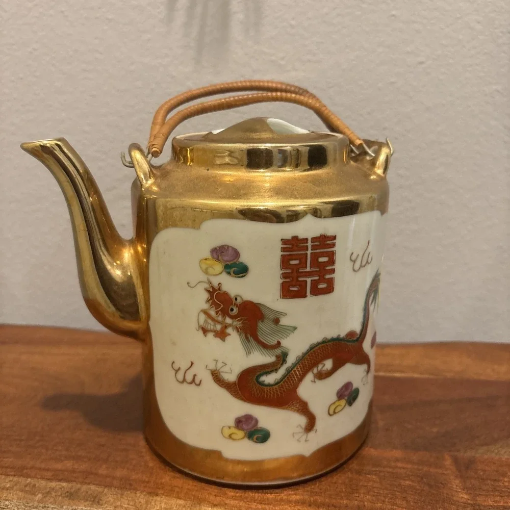 Chinese Vintage Porcelain Dragon & Phoenix Teapot Gold Trim Bamboo Handles